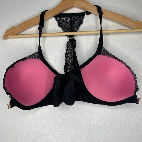 PINK VICTORIA SECRET BLACK LACE PADDED BRA WITH PINK LINING - Picture 3 of 6